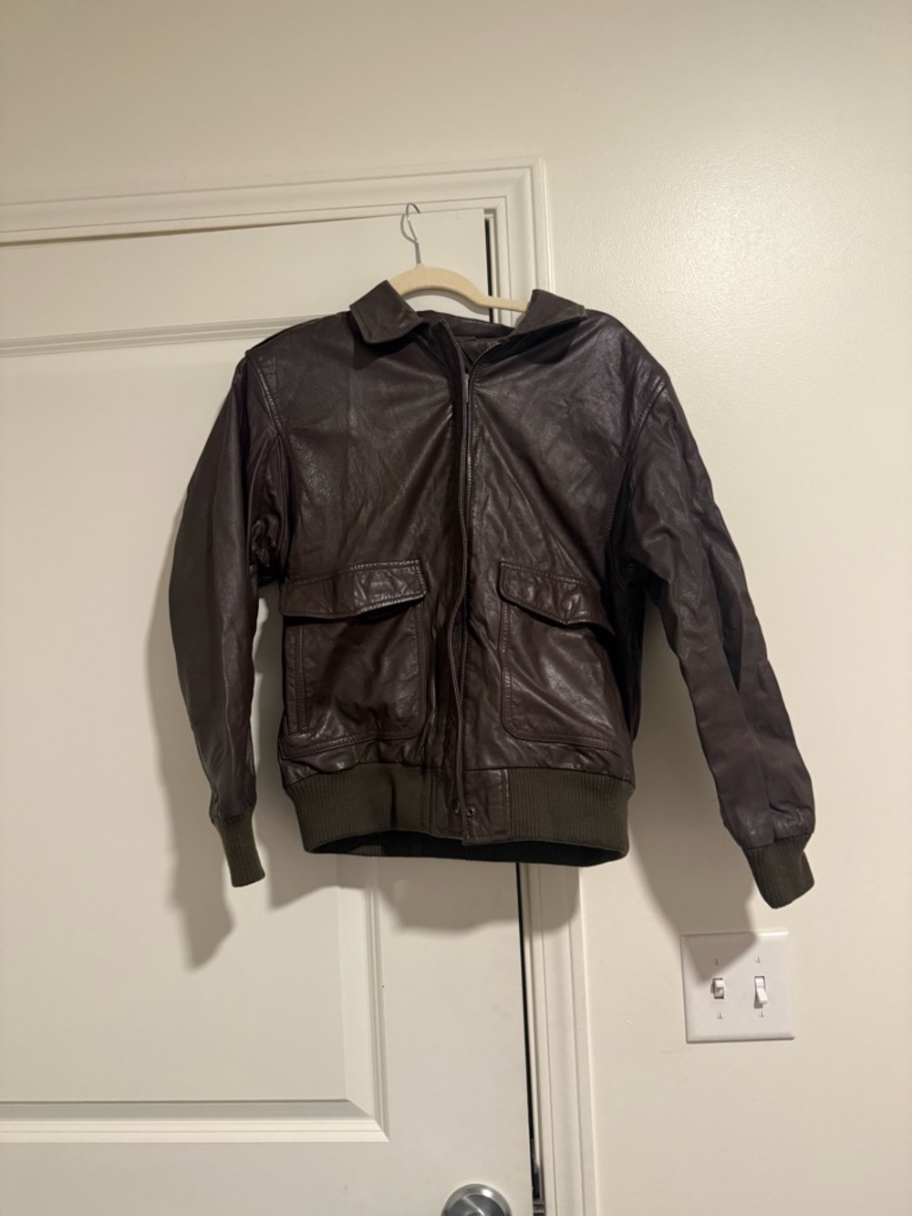 Men's Dark Brown Leather Bomber Jacket with Ribbed Trim
